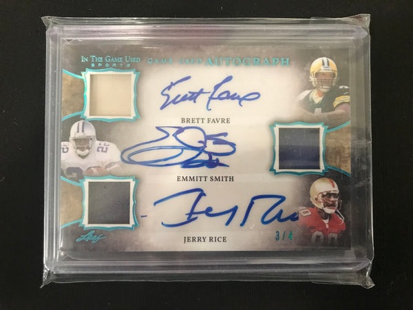 Emmit Smith Brett Favre and Jerry Rice auto 2020 Leaf Game Used 3/4